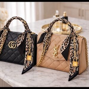 BLACK GRAY LEOPARD SKINNY SCARF BAG HANDLE WRAP CHAIN LOCK DESIGN